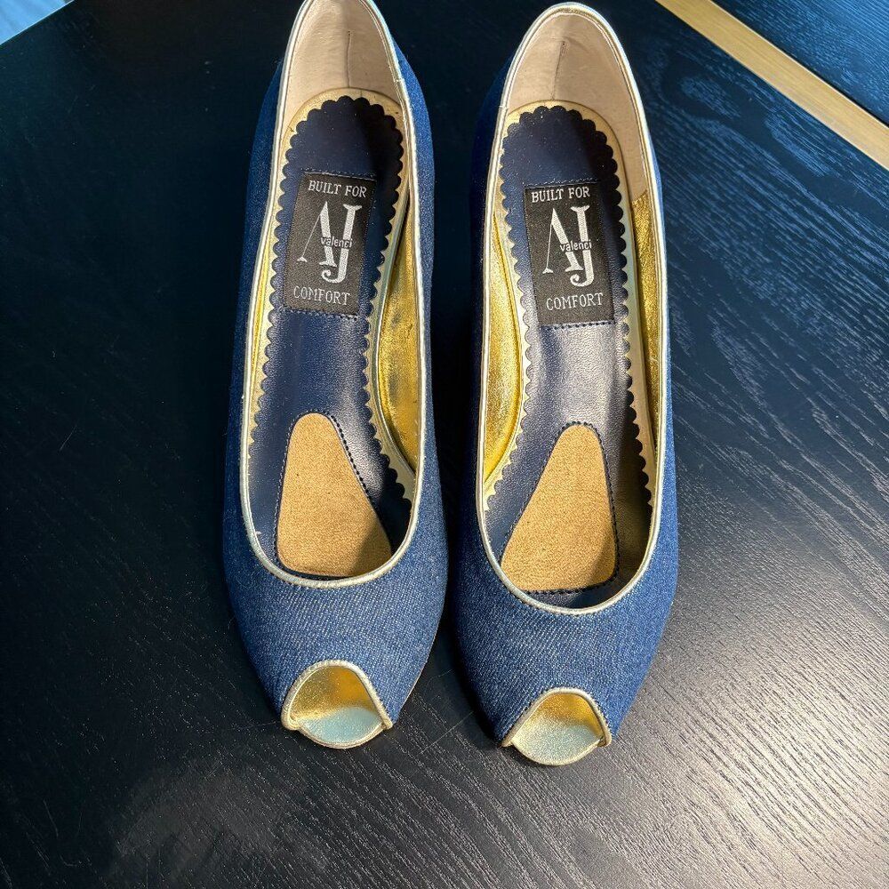 A J Valenci Peep Toe Denim Wedge Pumps Blue Gold Trim Size 9W – EUC - Picture 3 of 10